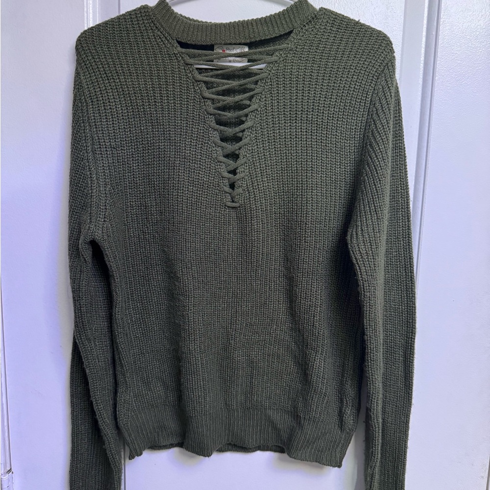Olive Green Lace-Up Sweater